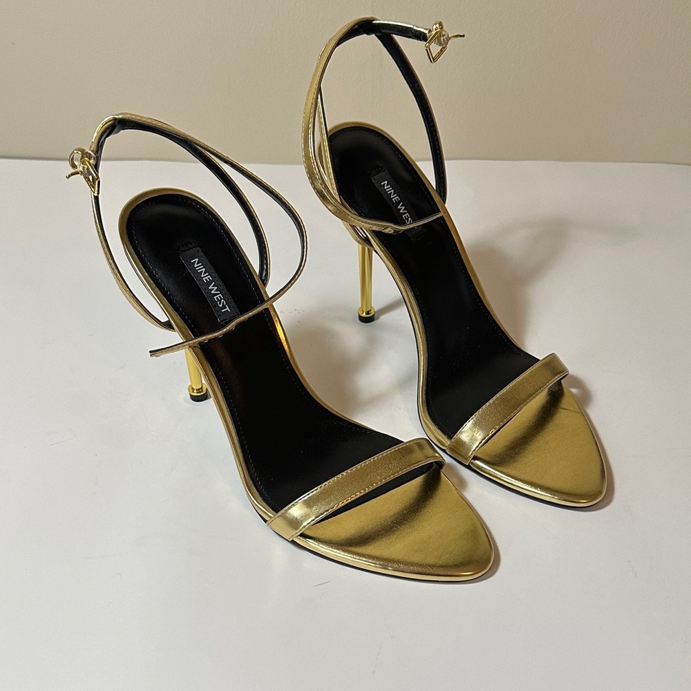 Nine West Shiny Gold Ankle Strap Heels